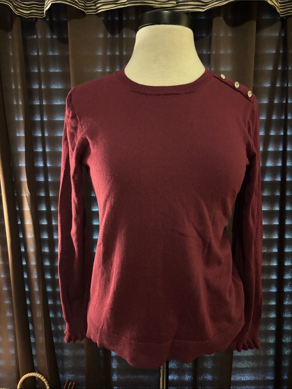 J. Crew Women's Burgundy Crewneck Sweater with Shoulder Buttons
